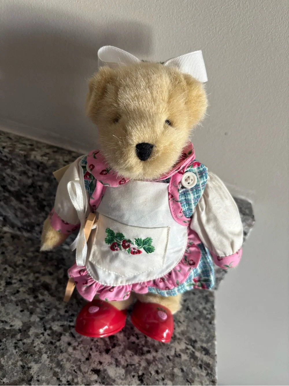 Muffy Classic Plush Bear in Cream with Pink Dress and Red Shoes